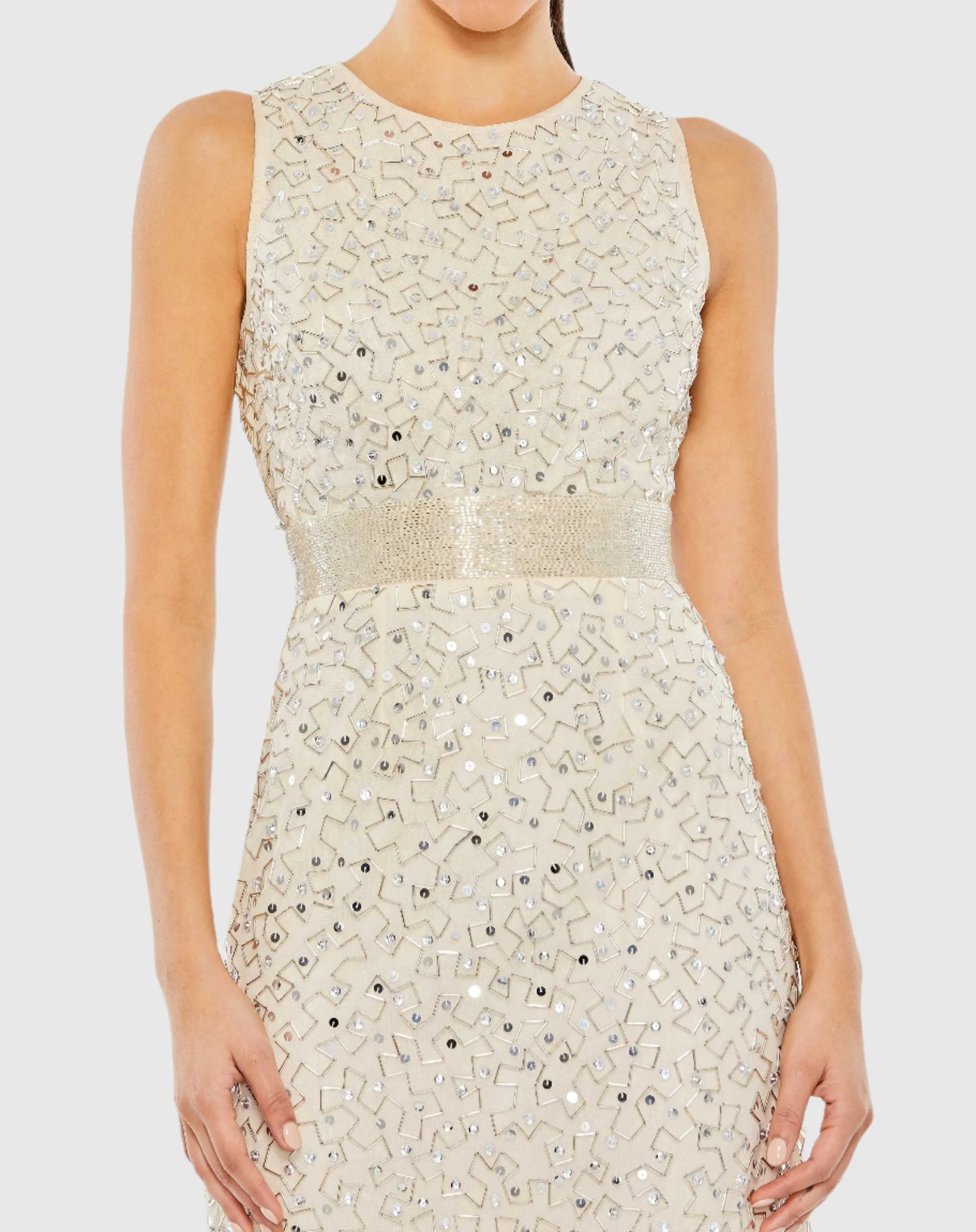Beige Geometric Embellished Sleeveless Sheath Dress