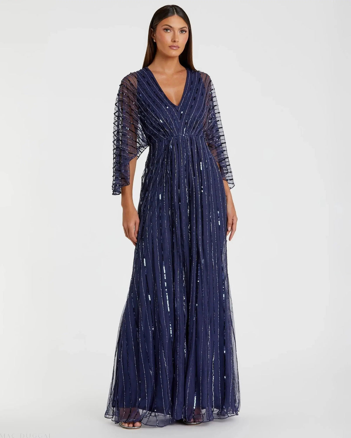 Navy Beaded Striping Kimono Sleeve V Neck Gown