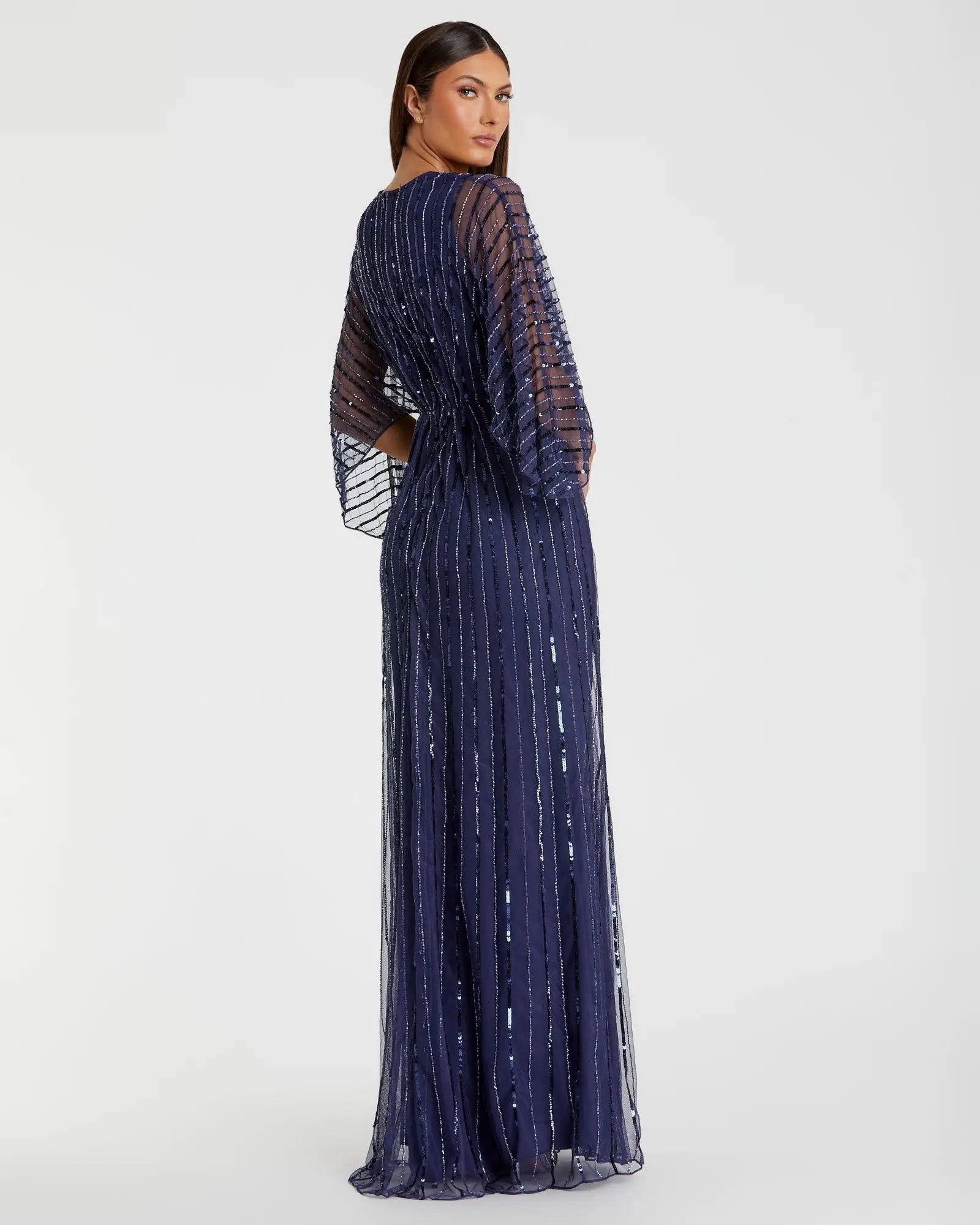 Navy Beaded Striping Kimono Sleeve V Neck Gown