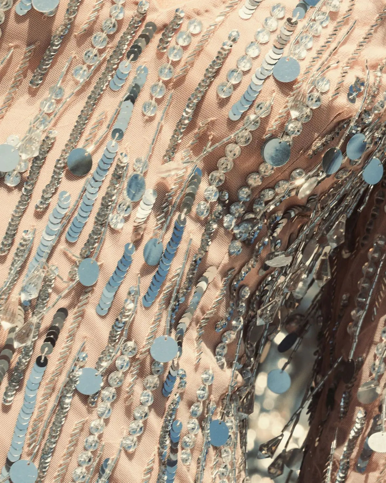 Silver Long Sleeve Beaded Fringe Plunge Neck Dress