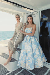 Blue Strapless Brocade Midi Dress with Pockets