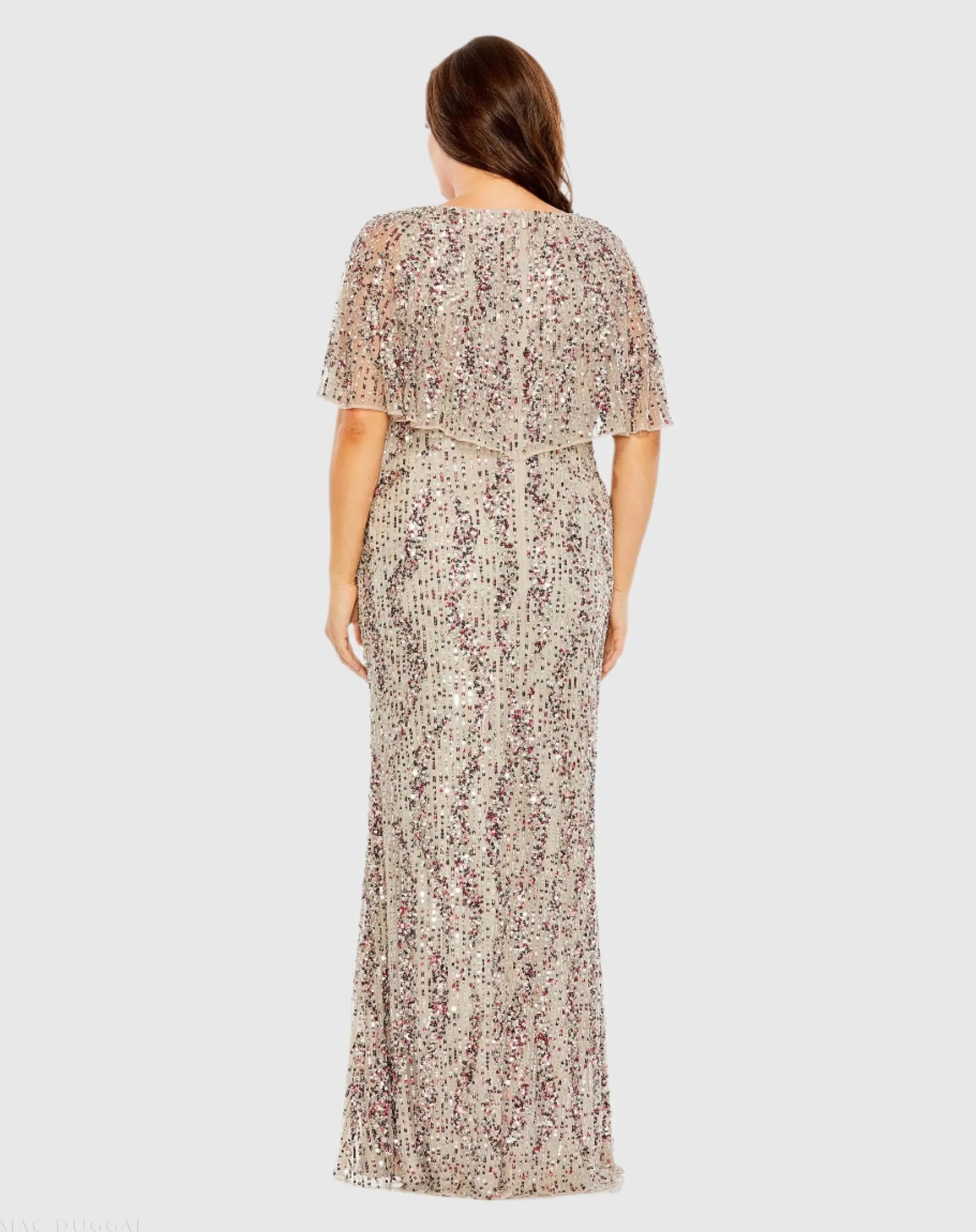 Beige High Neck Column Gown with Cape (Plus)