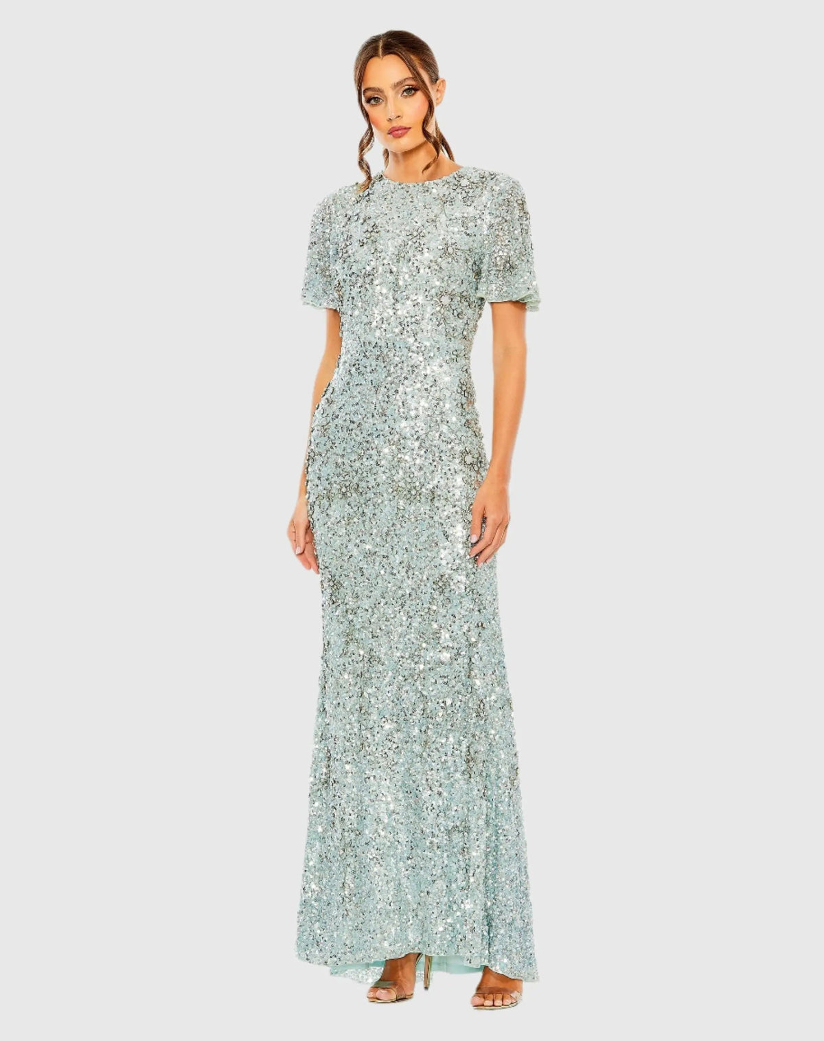 Blue Flutter Sleeve Sequin High Neck Gown