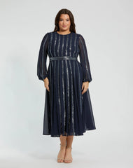 Navy Long Sheer Sleeve Sequin Dress (Plus)