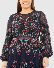 Navy Long Sleeve Beaded Cocktail Dress