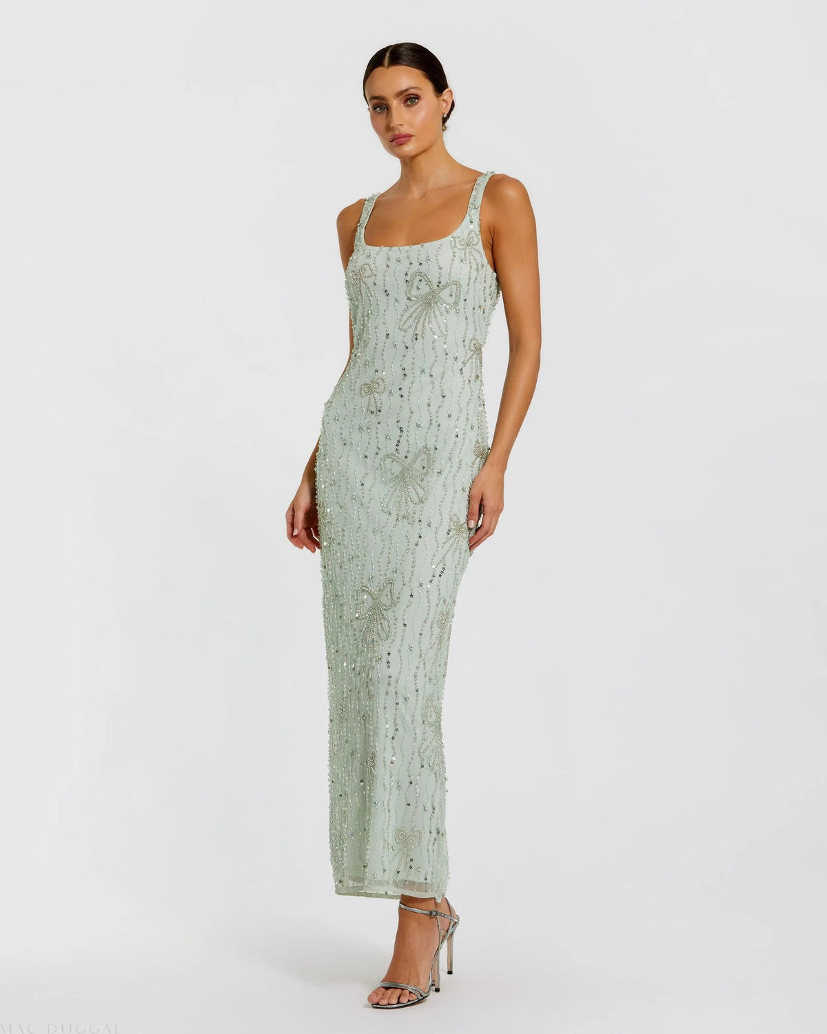 Green Beaded Mesh Scoop Neck Fitted Gown With Bows