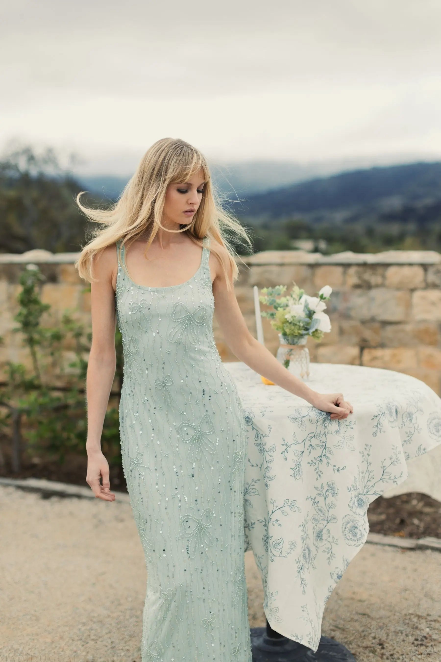 Green Beaded Mesh Scoop Neck Fitted Gown With Bows