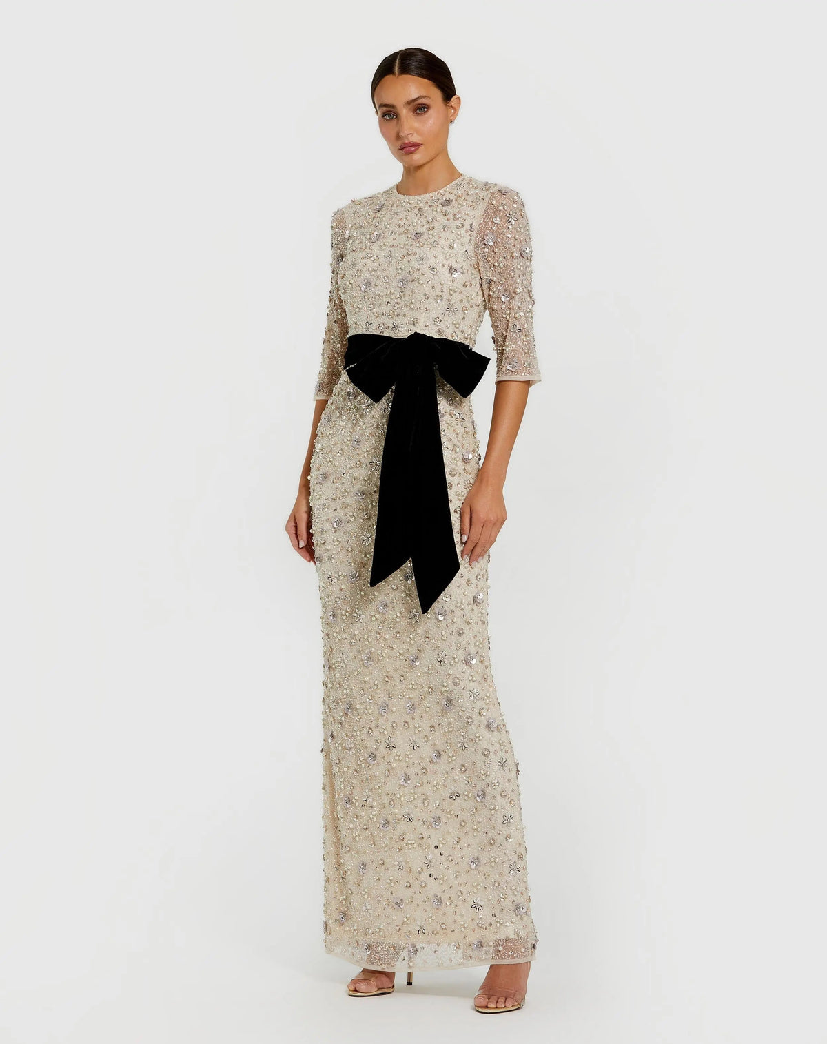 Ivory Embellished Evening Gown with Velvet Bow