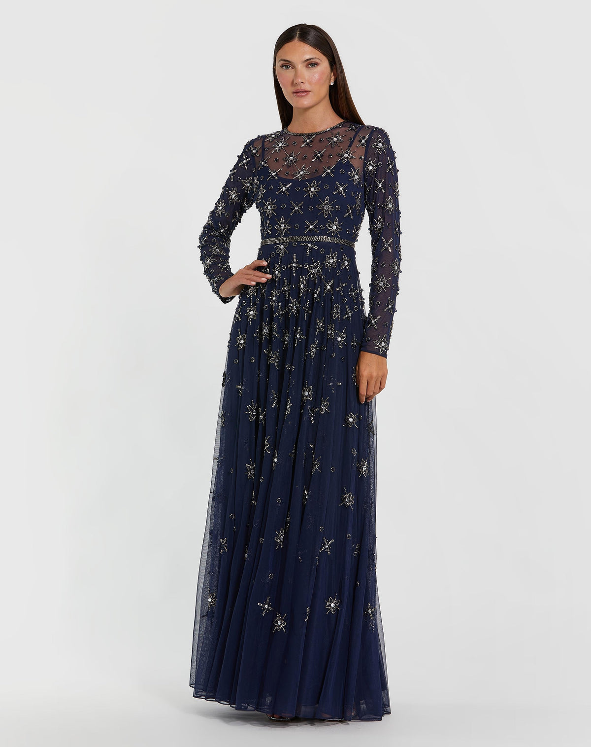 Navy Long Sleeve Crystal Embellished Evening Gown