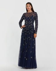 Navy Long Sleeve Crystal Embellished Evening Gown