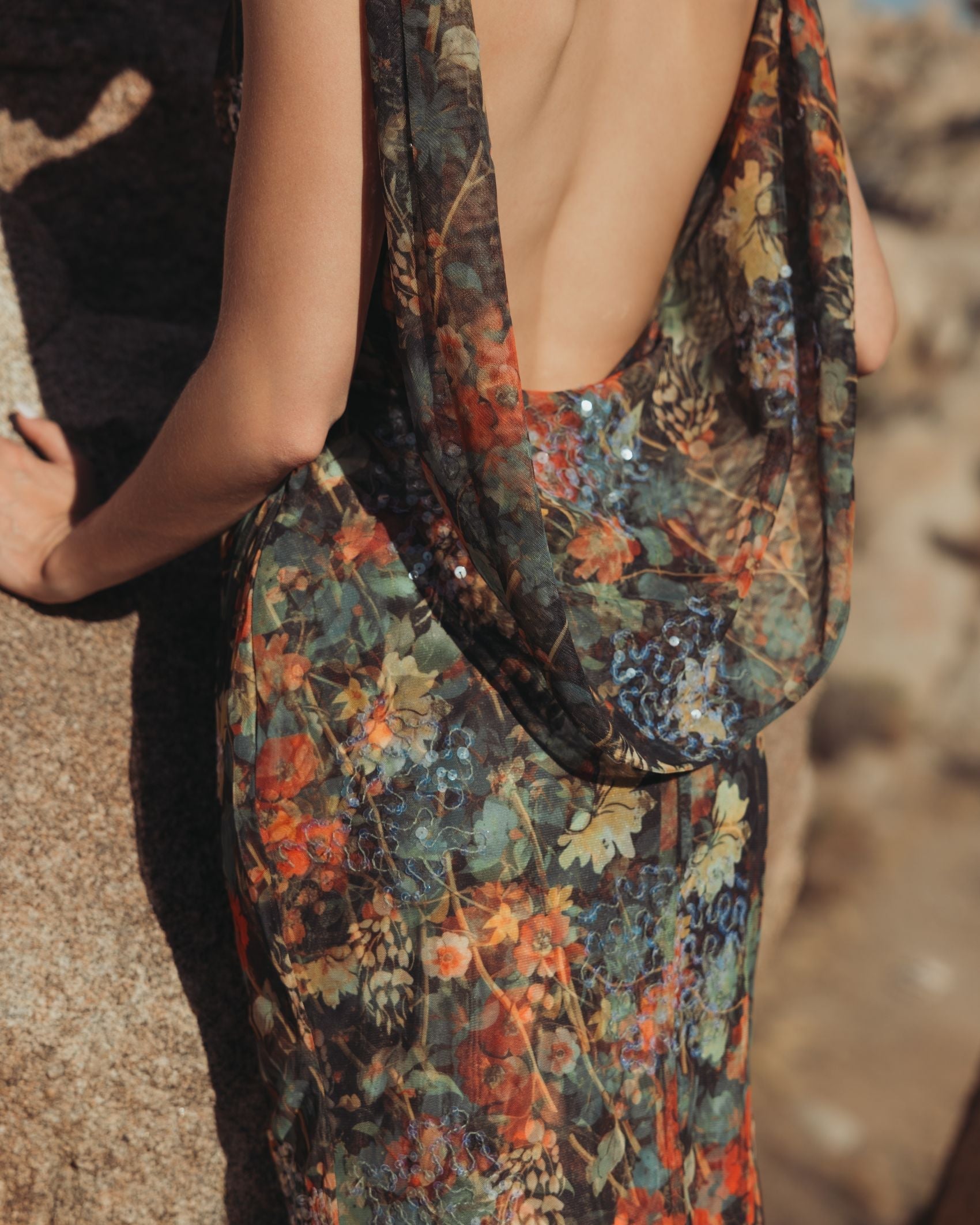 Multicolor Floral Embellished Column Gown