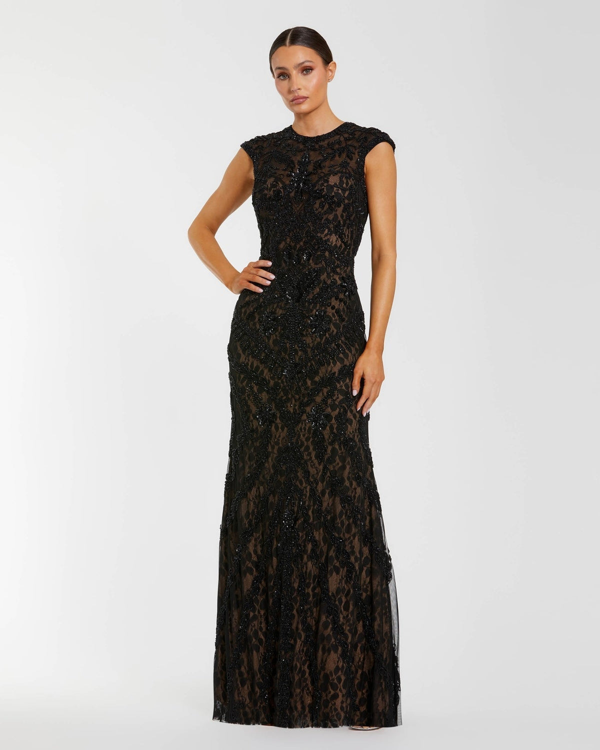 Black Embellished Lace Cap Sleeve Evening Gown
