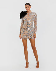 Silver Long Sleeve Embellished Mini Dress with Velvet Flower