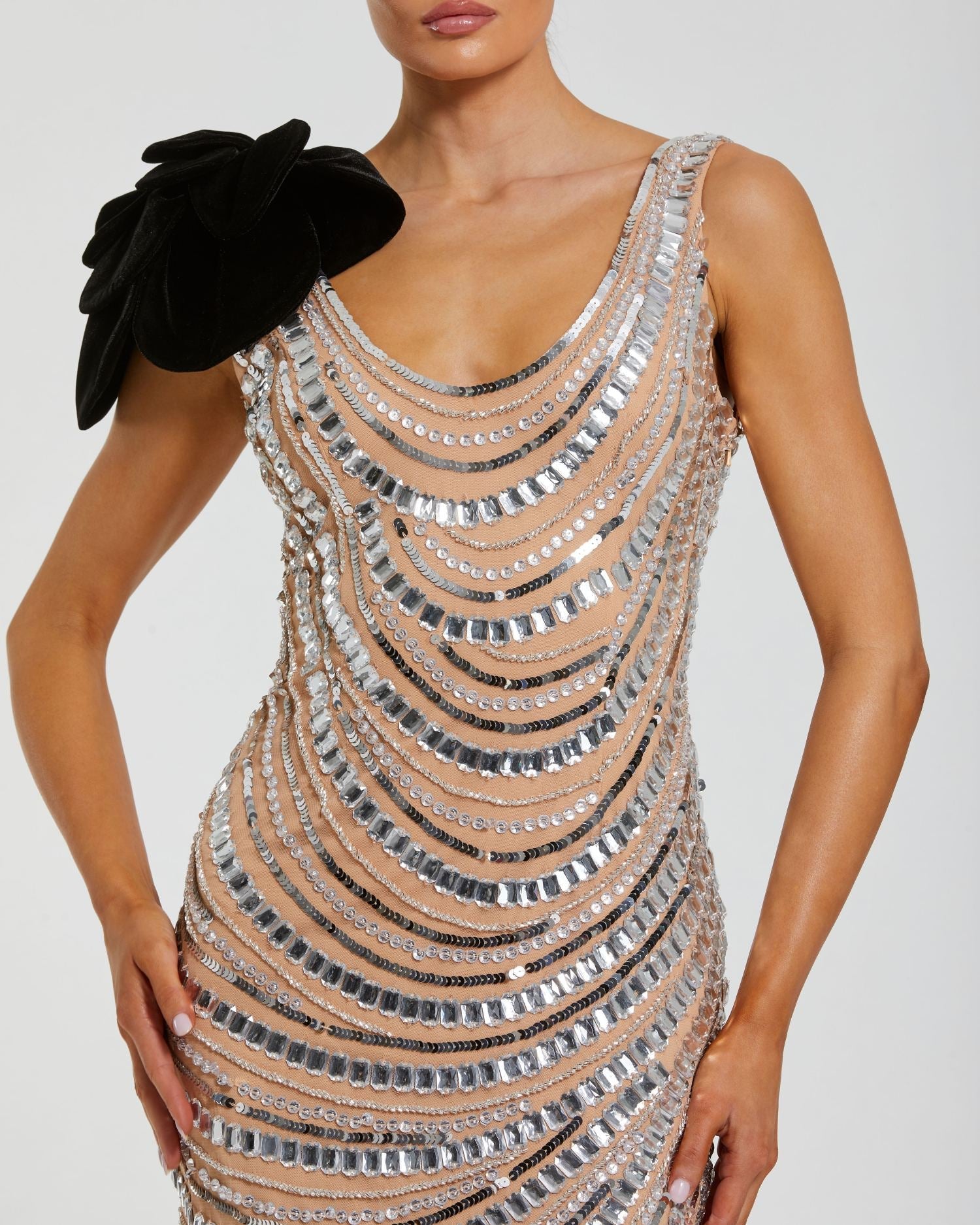 Silver Nude Sequin Cowl Midi Dress with Velvet Flower