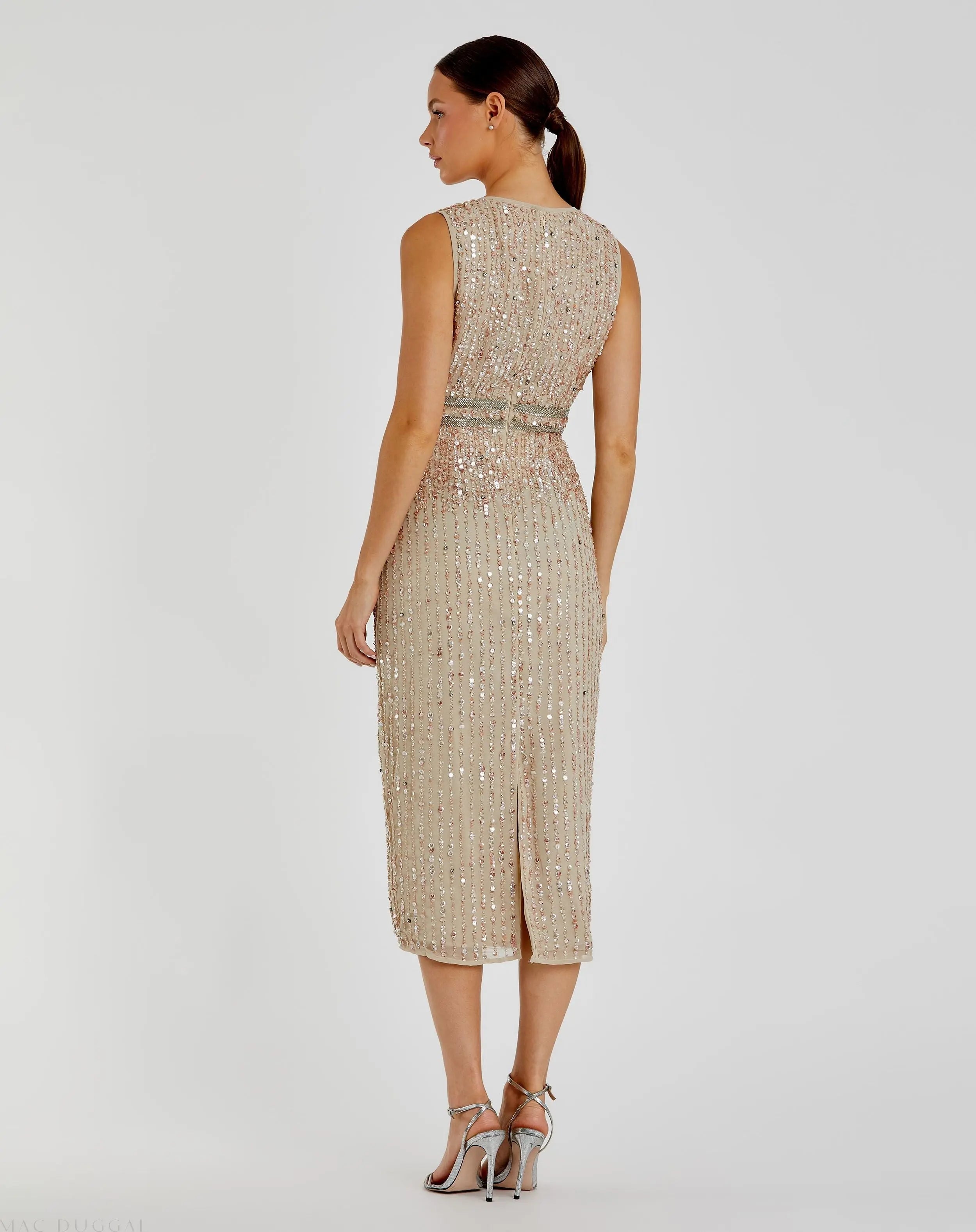 Nude Sleeveless High Neck Beaded Midi Sheath Dress - FINAL SALE
