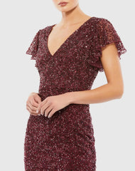 Red Sequined V Neck Flutter Cap Sleeve Trumpet Dress