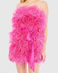 Pink Feather Strapless Mini Dress