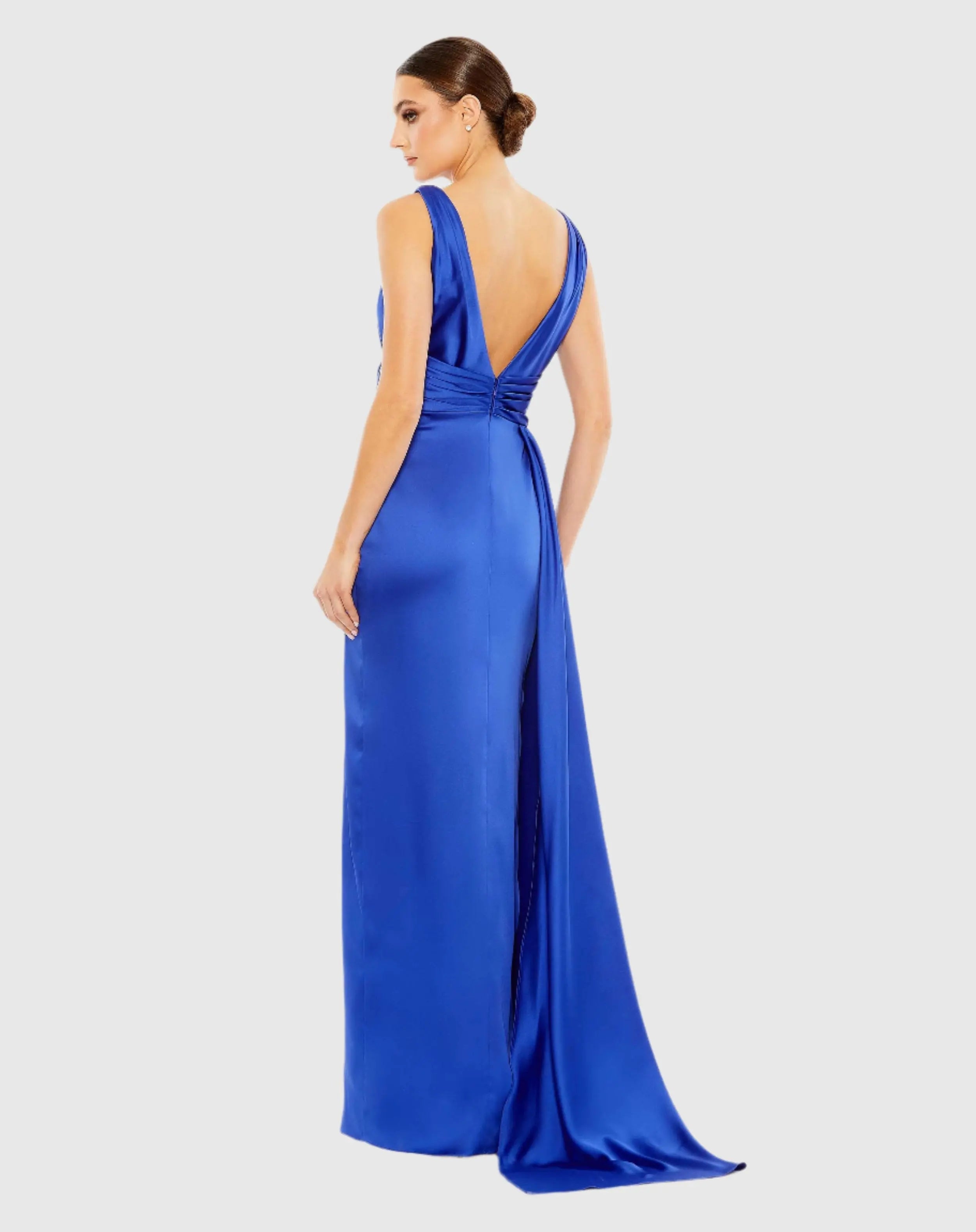 Blue Sleeveless Self Tie Draped Gown w/ Overlay Train