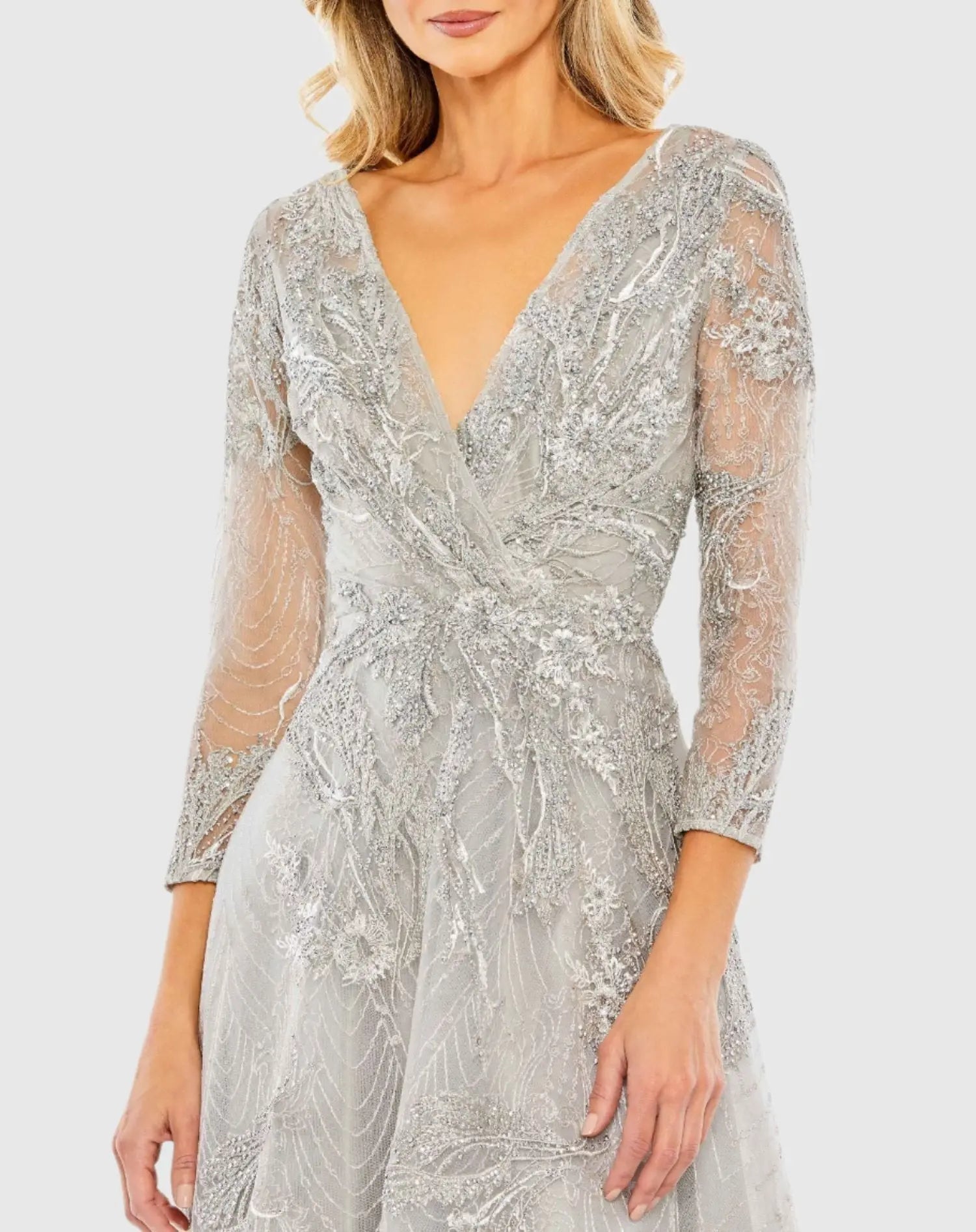 Silver Embellished Wrap Over 3/4 Sleeve Dress