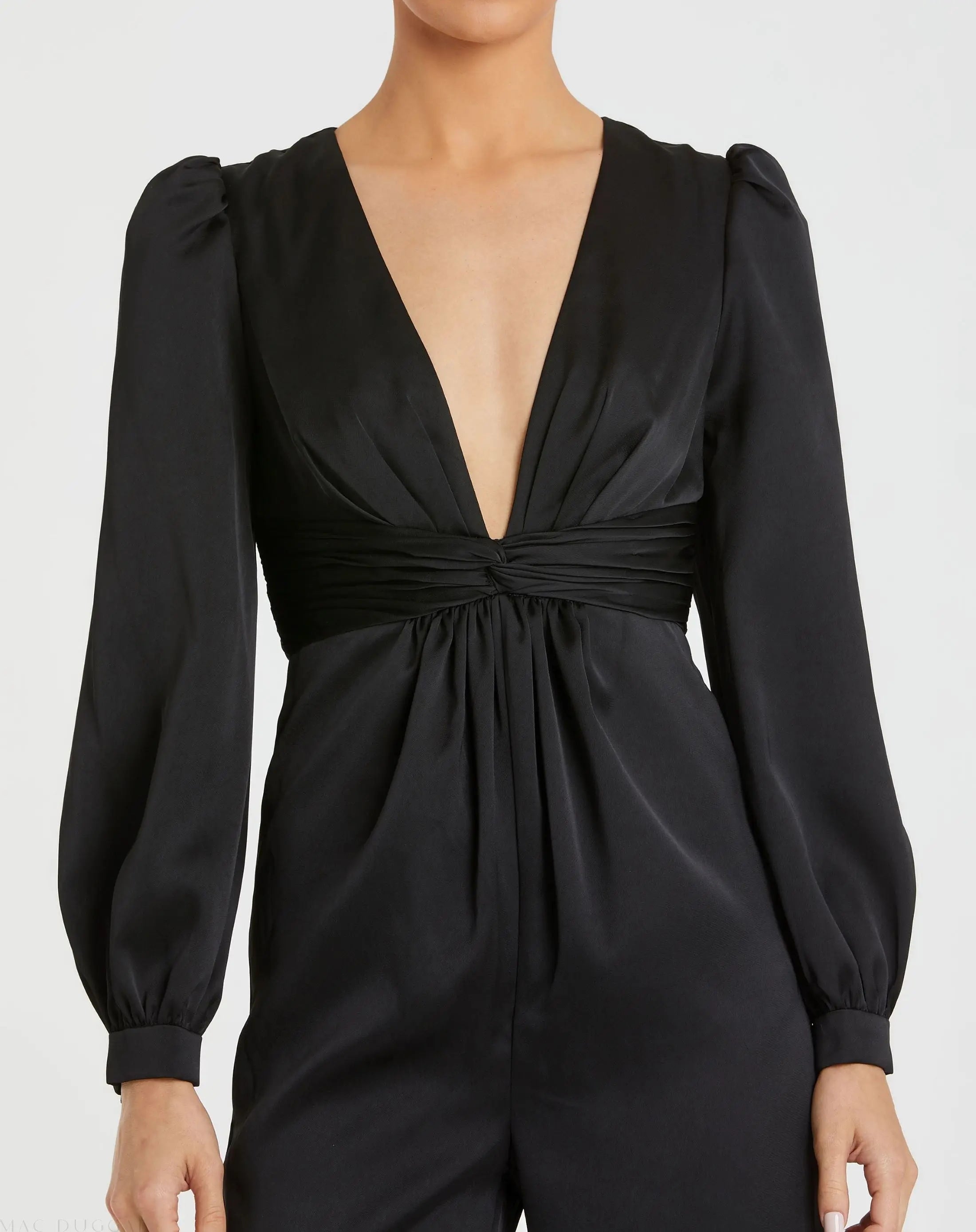 Black Front Twist Puff Sleeve Deep V Jumpsuit