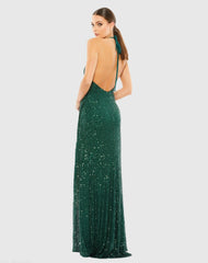 Green Sequin Open Back Halter Neck Gown