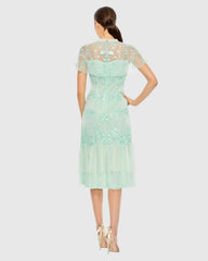 Green Embroidered Ruffled Cap Sleeve Midi Dress