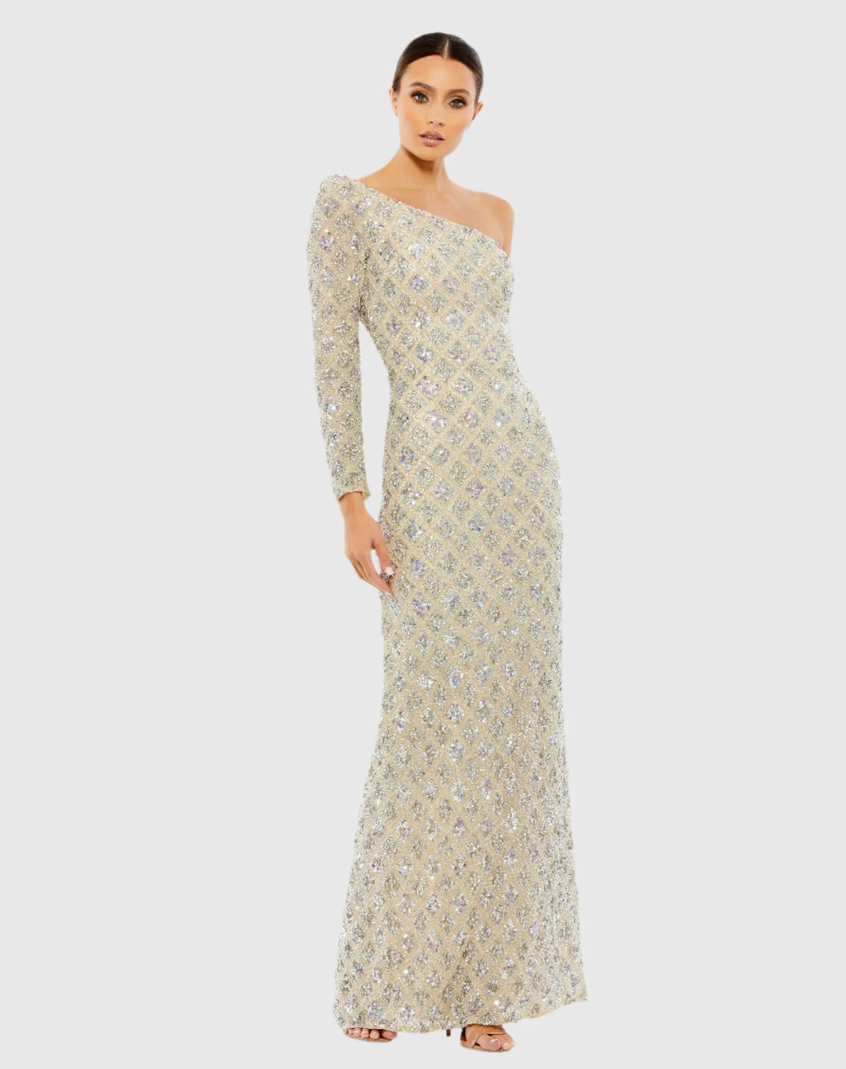 Beige Embellished One Shoulder Asymmetrical Gown