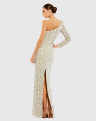 Beige Embellished One Shoulder Asymmetrical Gown