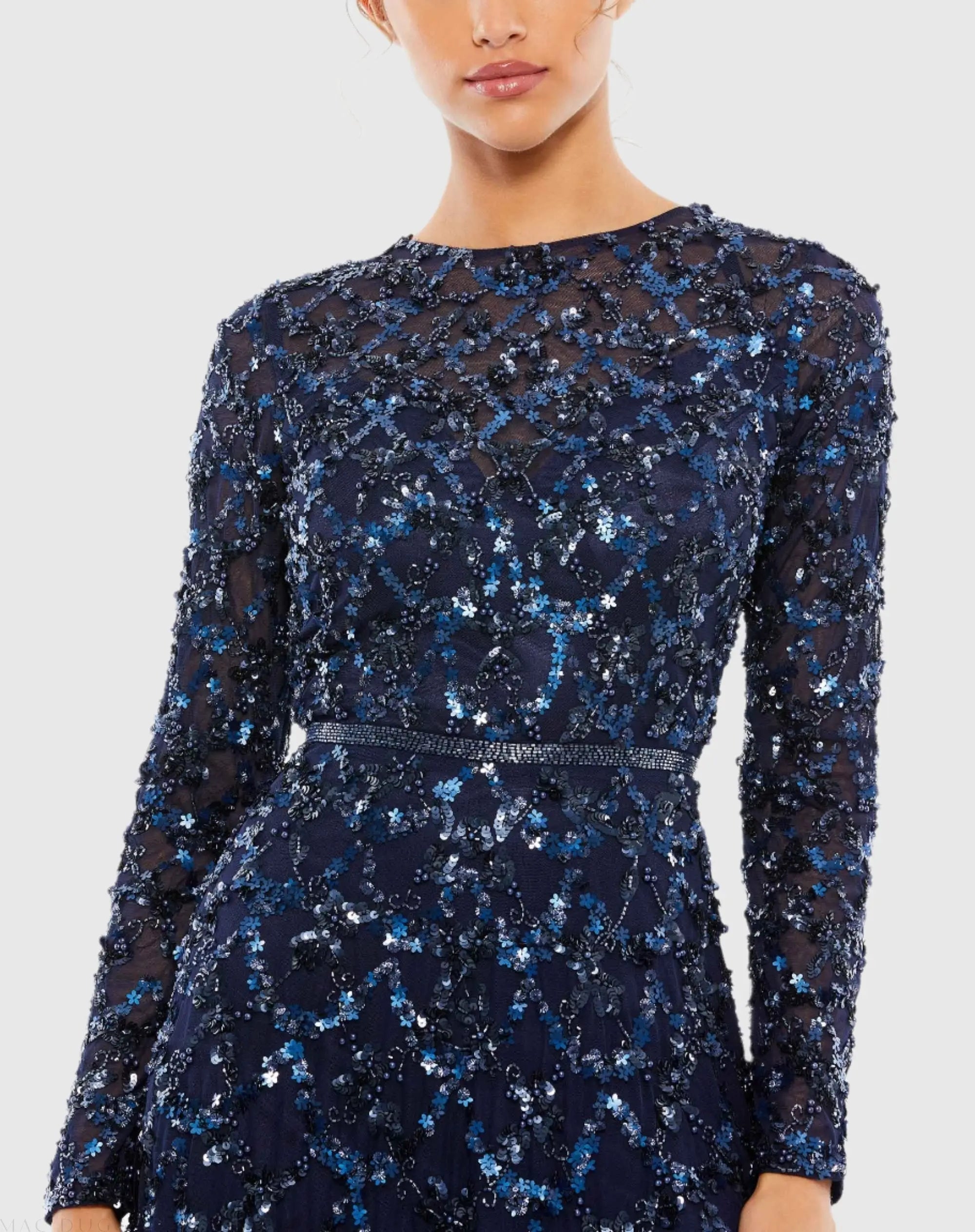 Navy Embellished Illusion High Neck Long Sleeve A Line Gown