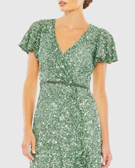 Green Sequined Wrap Over Butterfly Sleeve Draped Gown
