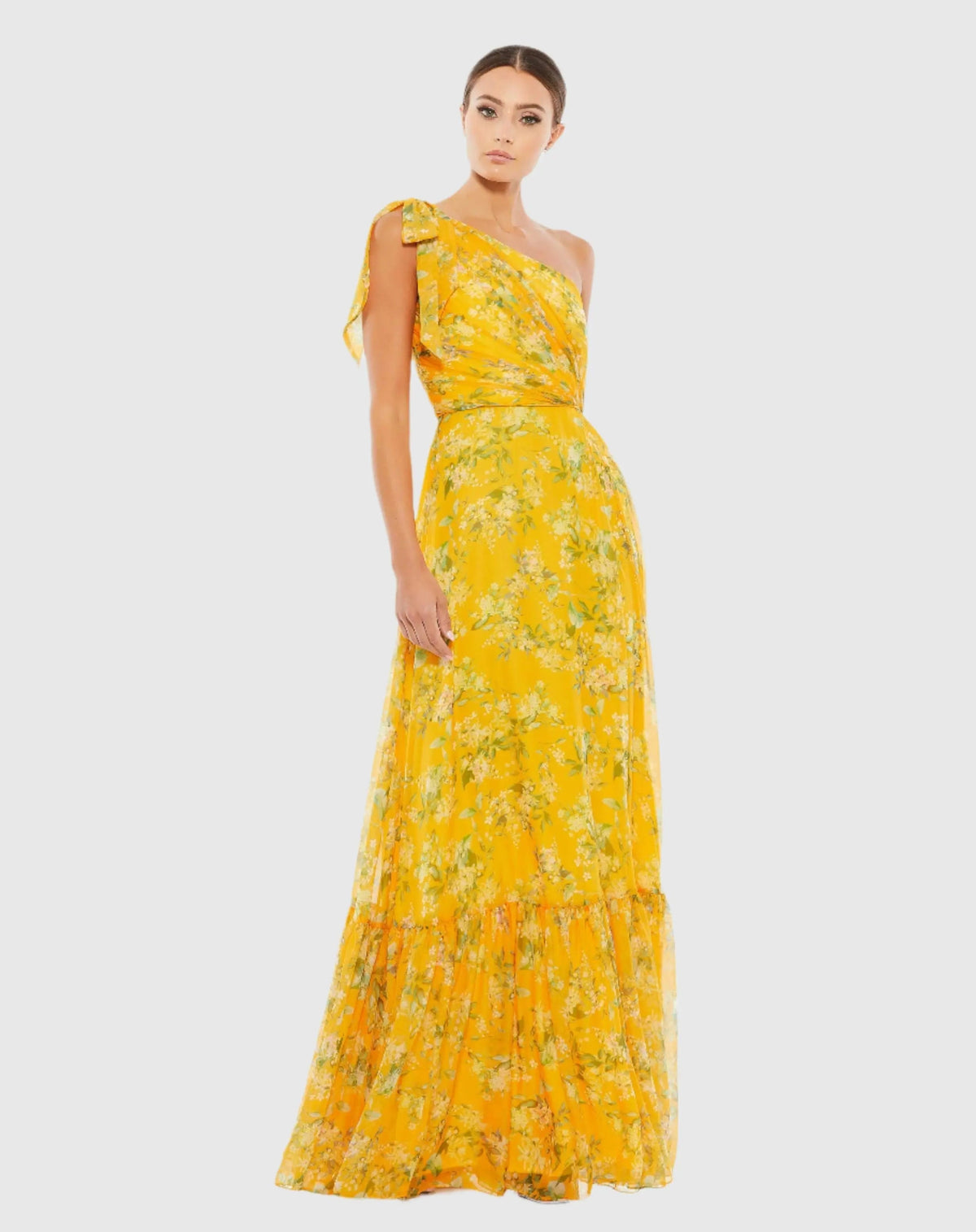 Yellow Floral One Shoulder Bow Maxi Dress
