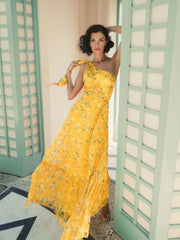 Yellow Floral One Shoulder Bow Maxi Dress