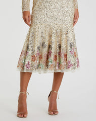 Gold Multicolor Faux Wrap Long Sleeve Tea Length Dress