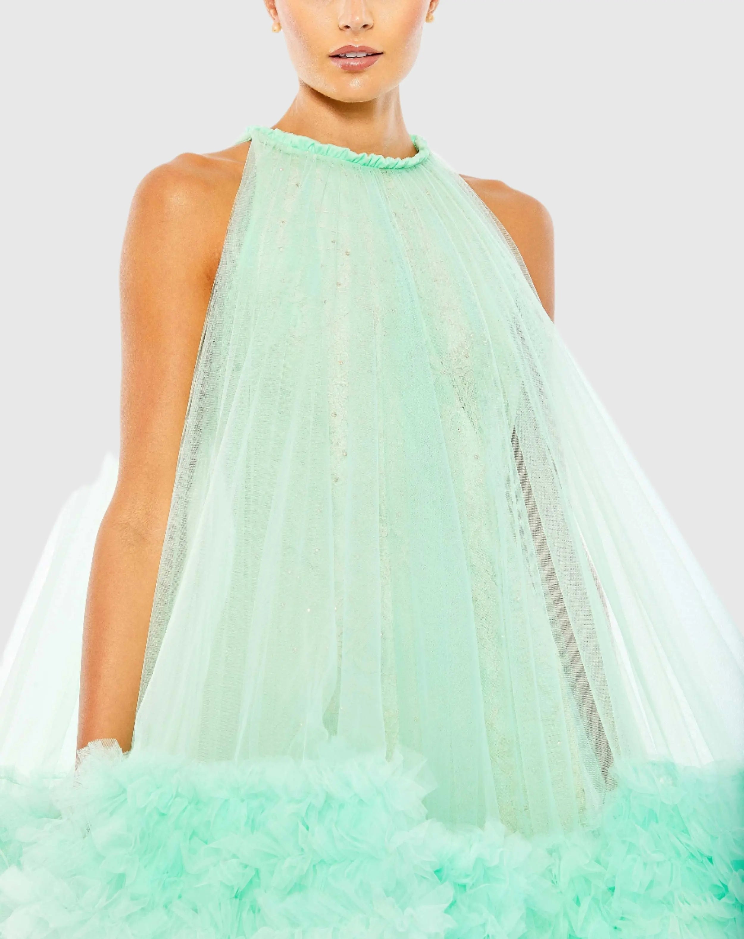 Green High Neck Gathered Tulle A-Line Swing Dress