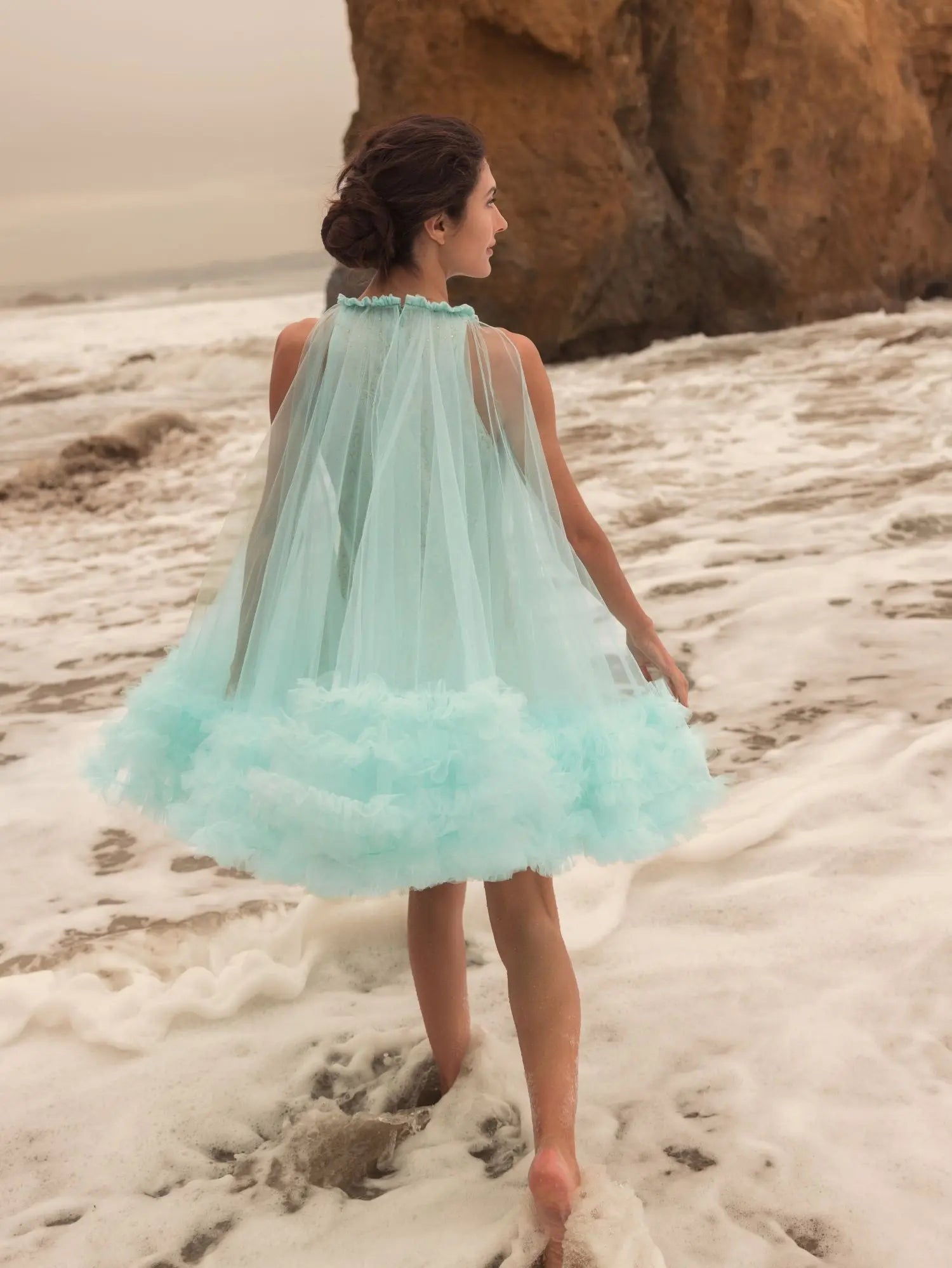 Green High Neck Gathered Tulle A-Line Swing Dress