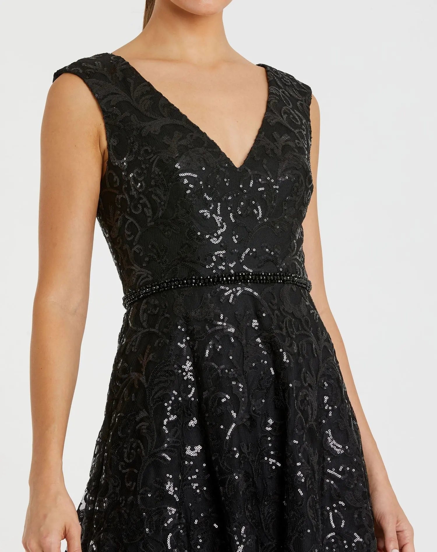 Black Sequined V Neck Cap Sleeve Dress