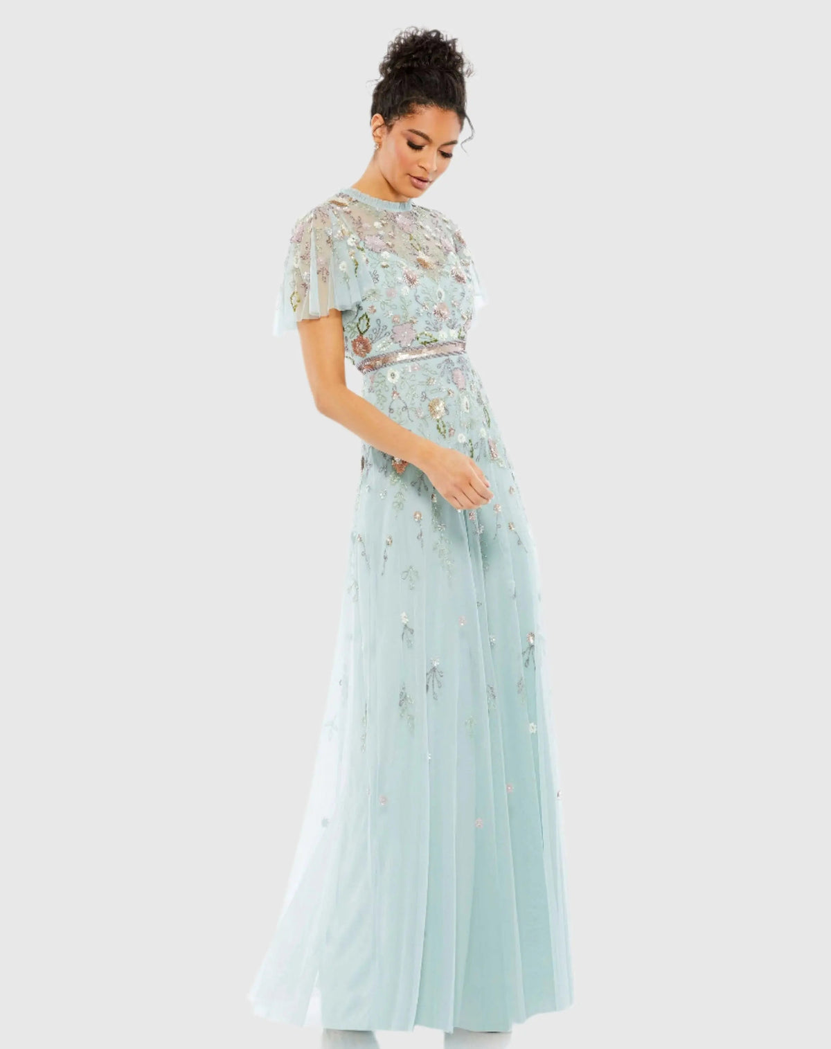 Blue Embellished High Neck Butterfly Sleeve Gown