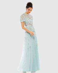Blue Embellished High Neck Butterfly Sleeve Gown