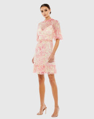 Pink Flounce Sleeve Floral Embellished Dress