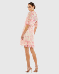 Pink Flounce Sleeve Floral Embellished Dress