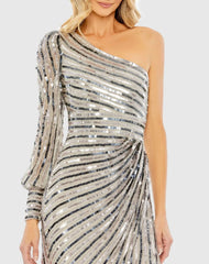 Silver Asymmetrical One Shoulder Sequin Gown