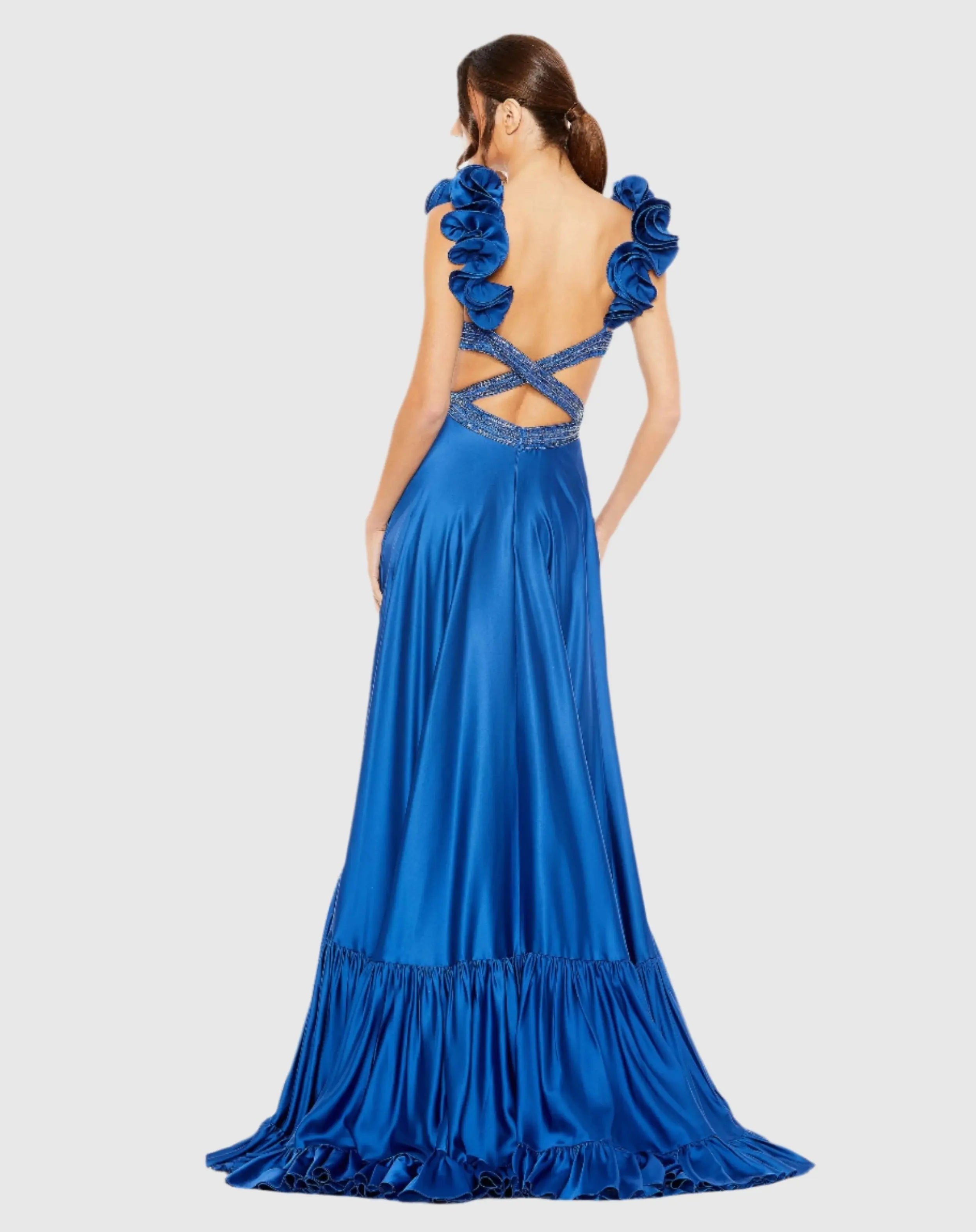 Blue Beaded Cross Cut Out Ruffled Strap A Line Gown