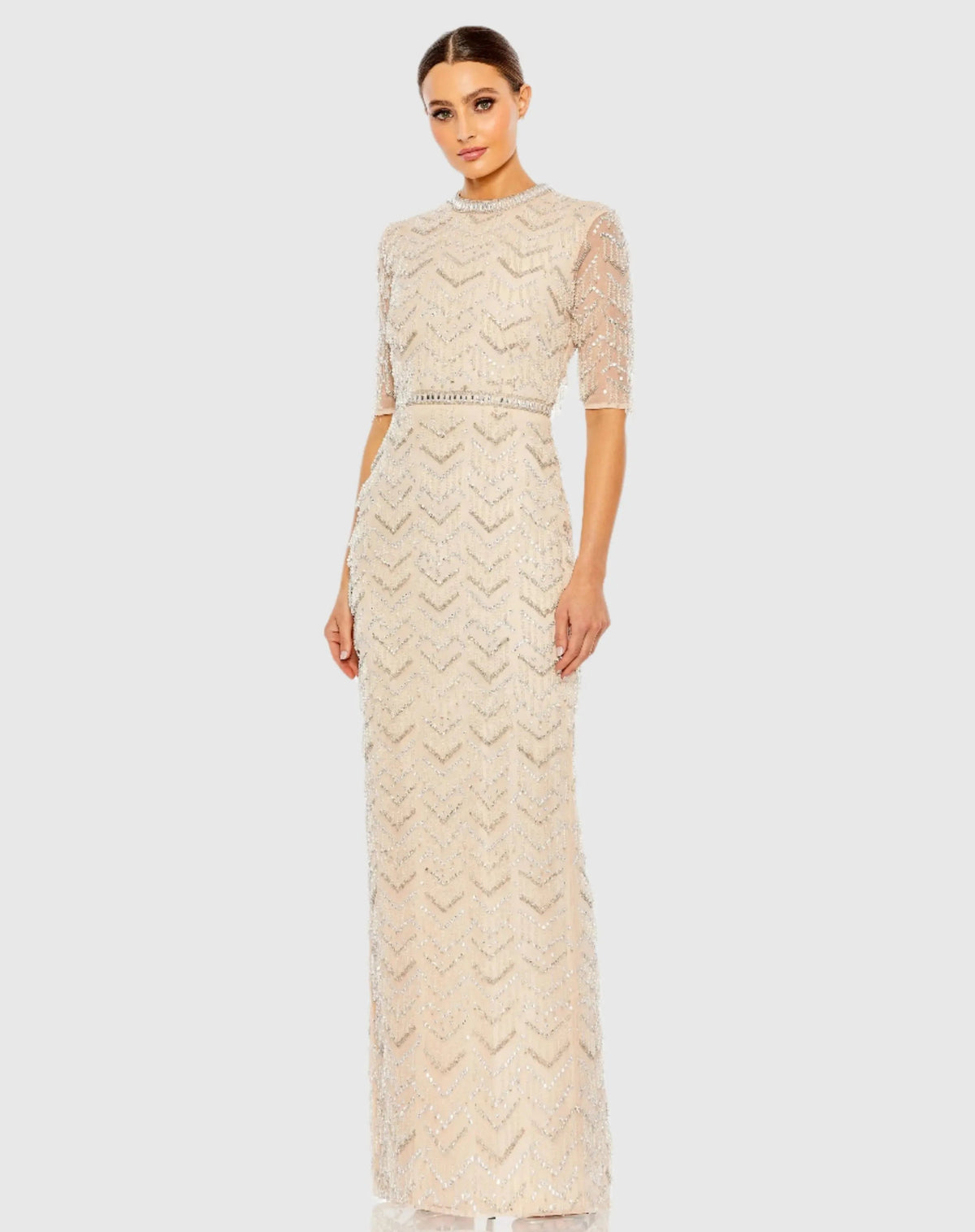 Beige Beaded Fringe Quarter Sleeve Column Gown