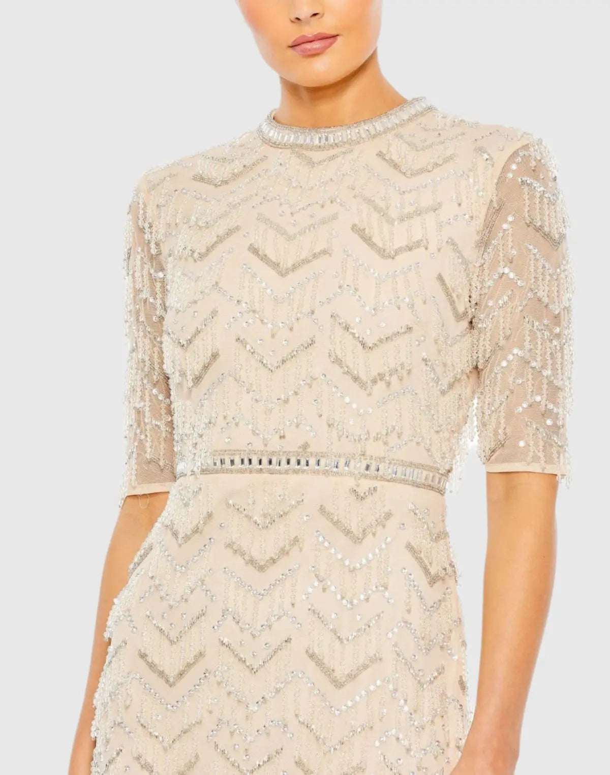 Beige Beaded Fringe Quarter Sleeve Column Gown