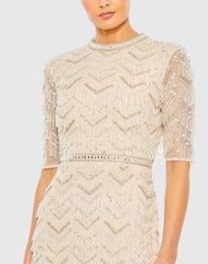 Beige Beaded Fringe Quarter Sleeve Column Gown