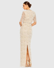 Beige Beaded Fringe Quarter Sleeve Column Gown