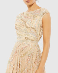 Beige Cap Sleeve Embellished Evening Gown