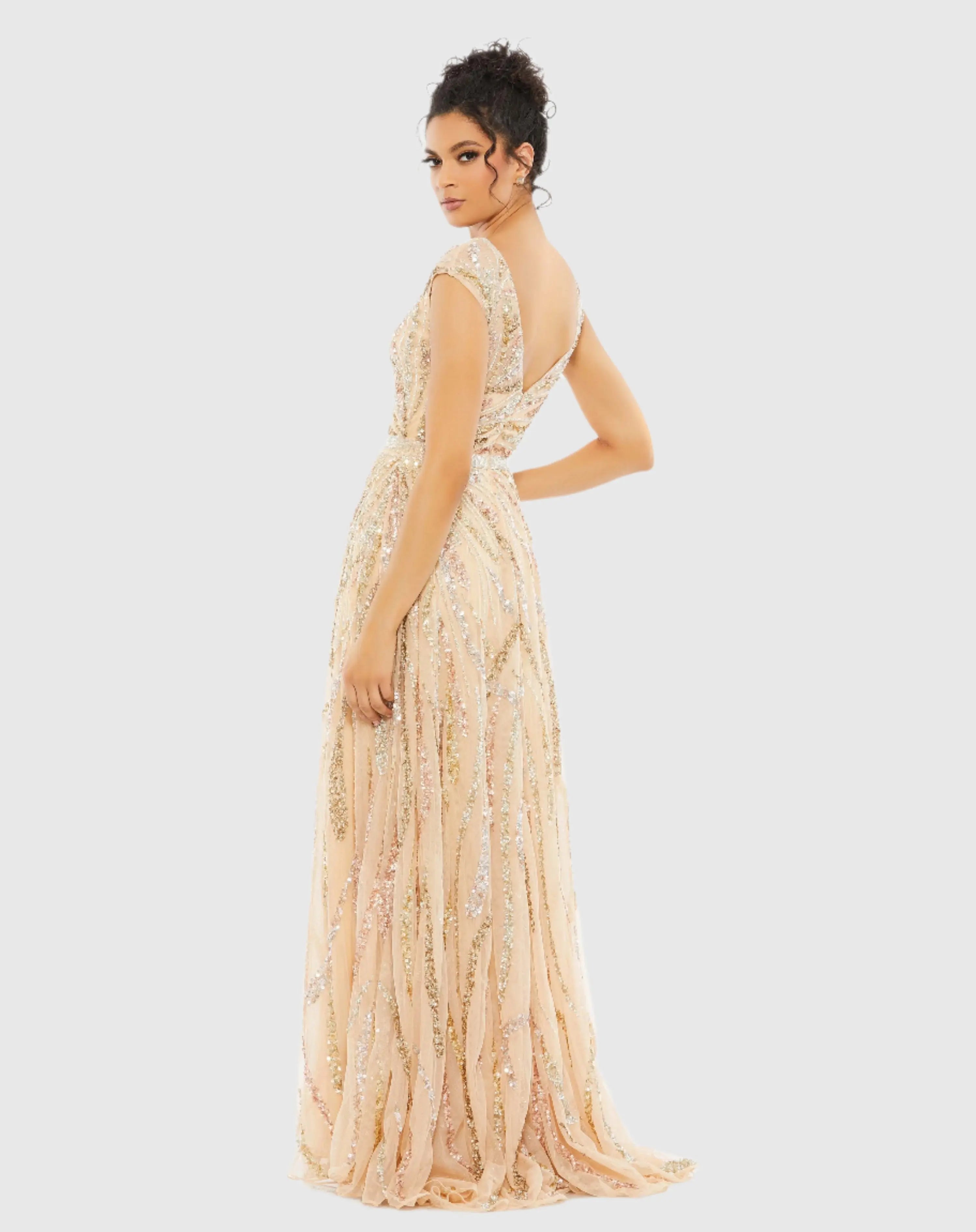 Beige Cap Sleeve Embellished Evening Gown