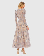 Beige Embellished High Neck Puff Sleeve A-Line Dress