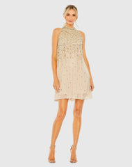 Beige High Neck Sleeveless Sequin Embellished Trapeze Dress